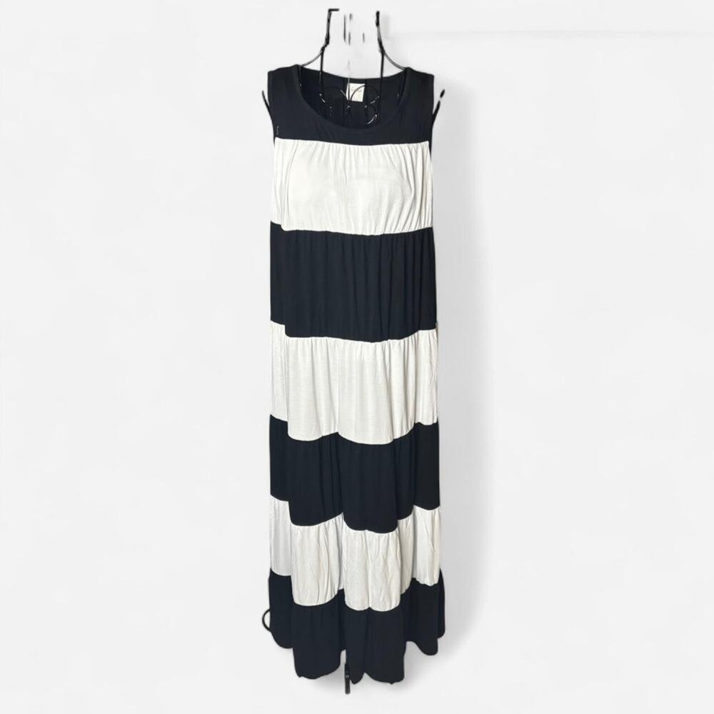 Soma Striped Tiered Sleeveless Maxi Dress Black White L Rayon Spandex